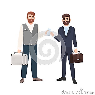 Bearded man passing envelope to his business partner or colleague isolated on white background. Two businessmen making Vector Illustration