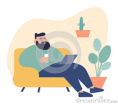 Bearded man relaxing on couch with laptop and coffee. Casual male enjoys leisure time indoors. Comfortable home setting Vector Illustration