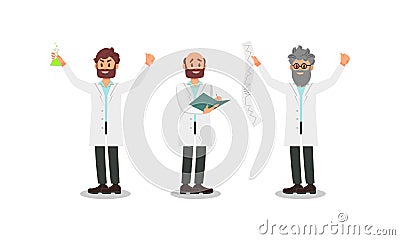 Bearded Man Scientists in White Gown Holding Flask and Writing Research Vector Illustration Set Vector Illustration