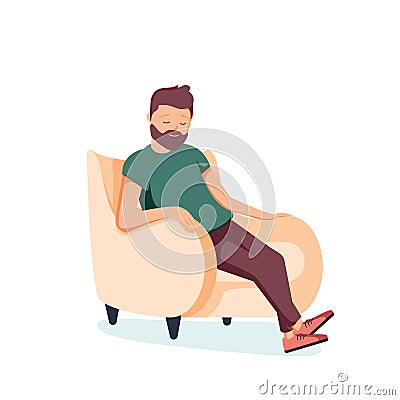 Bearded man sits in an armchair and sleeps. A person is resting or thinking about something good. Vector illustration Vector Illustration