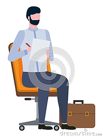 Bearded Man Sits on Chair, Writes Notes on Paper Vector Illustration
