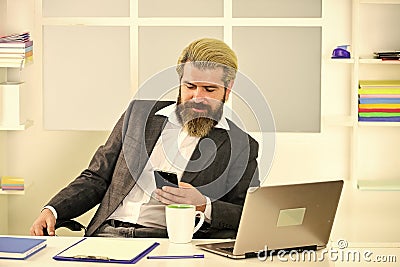 bearded man sitting at desk in office. confident brutal businessman. Elegant businessman analyzing data in smartphone Stock Photo
