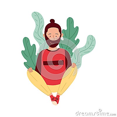 Bearded Man Sitting on the Ground with Floral Leaves Behind Vector Illustration Stock Photo