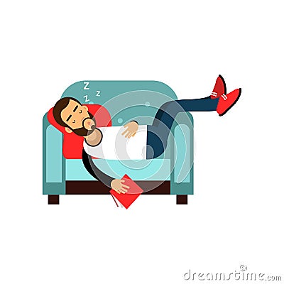 Bearded man sleeping on armchair with book, relaxing person cartoon vector illustration Vector Illustration