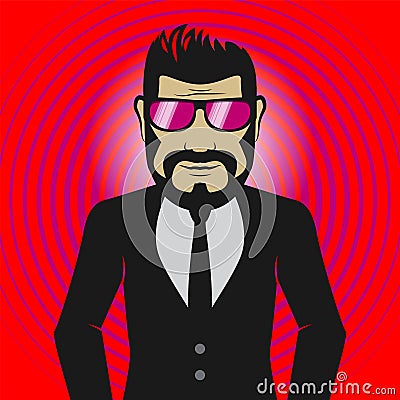 Bearded man with sunglasses, abstract red background Vector Illustration