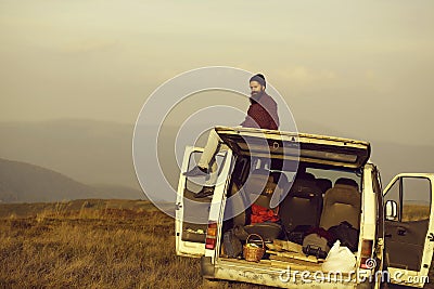 Bearded man travels by minibus Stock Photo