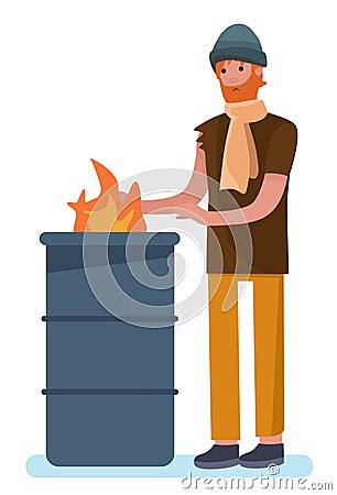 Bearded man warming his hands by fire. homeless man standing near burning garbage in barrel homeless jobless concept Vector Illustration