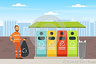 Bearded Man Waste Collector or Garbageman in Orange Uniform Collecting Municipal Solid Waste and Recyclables in Dustbin Vector Illustration