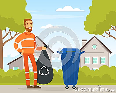 Bearded Man Waste Collector or Garbageman in Orange Uniform Collecting Municipal Solid Waste and Recyclables in Dustbin Vector Illustration