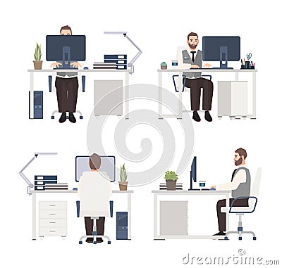 Bearded man working on computer at workplace. Male clerk or manager sitting at office desk. Flat cartoon character Vector Illustration