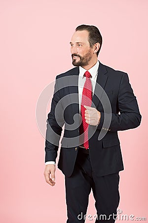 Bearded manager holds hand on flap of blue suit jacket wearing red tie on white shirt isolated over pink background Stock Photo