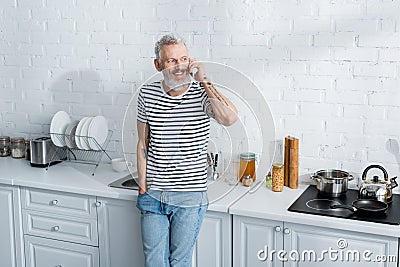 Bearded mature man talking on smartphone Stock Photo