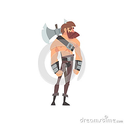 Bearded Muscular Barbarian Warrior with Axe, Medieval Historical Cartoon Character in Traditional Costume Vector Vector Illustration