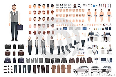 Bearded office worker, clerk or manager creation set or DIY kit. Bundle of male cartoon character body parts, clothes Vector Illustration