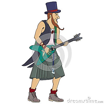 Rock musician guitarist in kilt and top hat on stage vector illustration Vector Illustration
