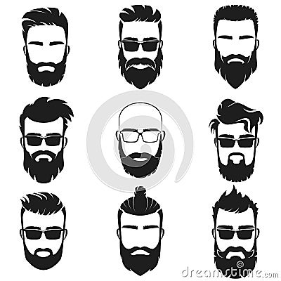 Bearded stylish hipster men faces with different haircuts style, mustaches, beards, black sunglasses avatar, emblem Vector Illustration