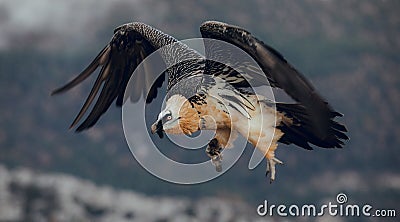 Bearded Vulture or Lammergeier, Gypaetus barbatus, flying bird on the rock mountain. Rare mountain bird, fly in winter, animal in Stock Photo