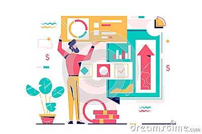 Bearded young businessman manage finance using diagram. Vector Illustration