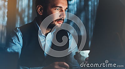 Bearded young businessman working on modern office. Consultant man thinking looking in monitor computer. Manager typing on keyboar Stock Photo