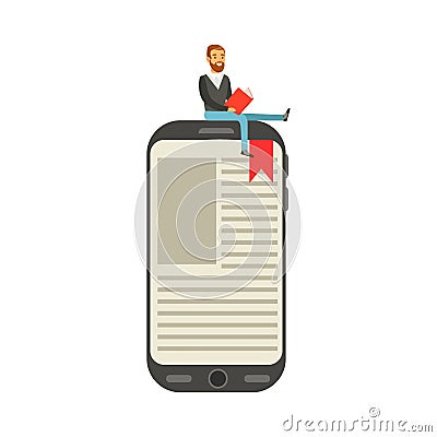 Bearded young man sitting and reading on a giant electronic book vector Illustration Vector Illustration