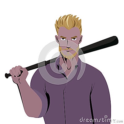 Beardman holding a baseball bat. Isolated white background. Hooligan with baseball bat ready for fight. Violence and Vector Illustration