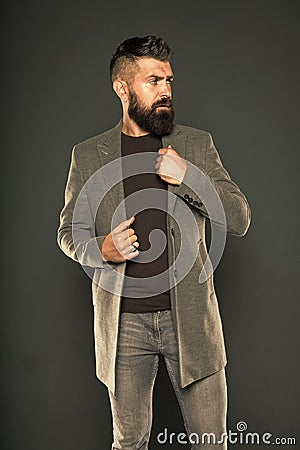 Beardy hipster. Hipster on grey background. Bearded hipster wear casual jacket and jeans. Brutal man in hipster style Stock Photo