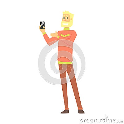 Beardy Man Holding Smartphone, Department Store Shopping For Domestic Equipment And Electronic Objects For Home Vector Illustration