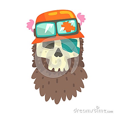 Beardy Scull In Orange Helmet With Shades, Colorful Sticker With War And Biker Culture Attributes Vector Icon Vector Illustration