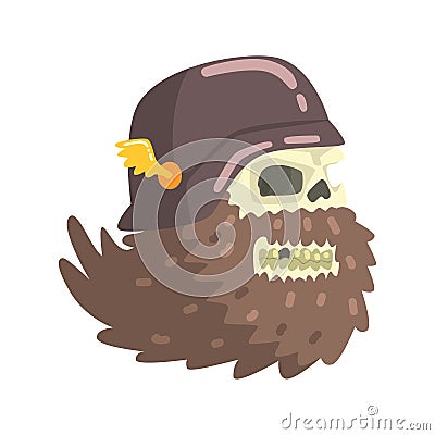 Beardy Scull Smiling Wearing Black Helmet, Colorful Sticker With War And Biker Culture Attributes Vector Icon Vector Illustration