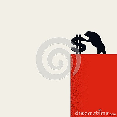 Bearish trend on financial market with bear pushing dollar off a cliff. Stock market, recession, selling strategy symbol Vector Illustration