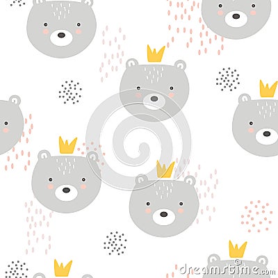 Bears with crowns, colorful seamless pattern. Decorative cute background with animals Vector Illustration