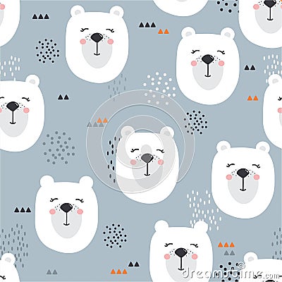 Colorful seamless pattern with muzzles of bears. Decorative cute background with happy animals Vector Illustration