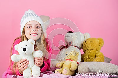 Bears toys collection. Child small girl playful hold teddy bear plush toy. Kid little girl play with soft toy teddy bear Stock Photo