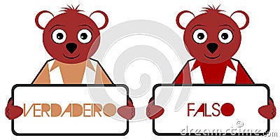 Bears with true and false signs, bear, quiz, portuguese, isolated. Cartoon Illustration