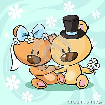 Bears in wedding dress sitting on abstract background - vector Vector Illustration