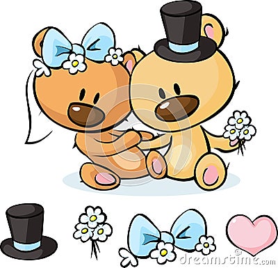 Bears in wedding dress sitting on white - vector Vector Illustration