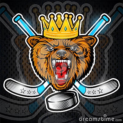 Beast bear from the front view with crown and crossed hockey stick. Logo for any sport team grizzly Vector Illustration