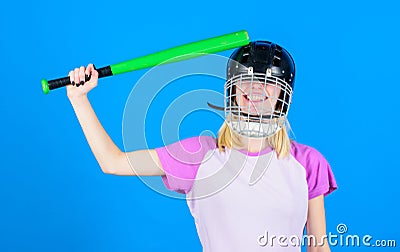 Beat her head with bat. Dumb idea concept. Girl just want have fun. Play game for fun. Woman having fun during baseball Stock Photo