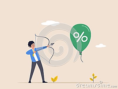 Beat inflation concept. Economic risk or investment bubble. Businessman shoots balloons with an arrow. Federal Reserve Vector Illustration