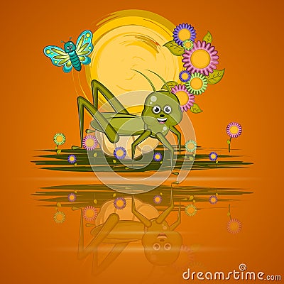 Beatiful sunset with curte insects Vector Illustration