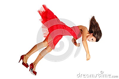 Beatiful woman broken doll falling down isolated on white Stock Photo