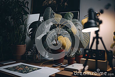 Beatnik artist workspace plants and canvas documentary. Illustration AI Generative Stock Photo
