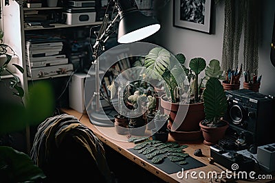 Beatnik artist workspace plants and canvas documentary. Illustration AI Generative Stock Photo