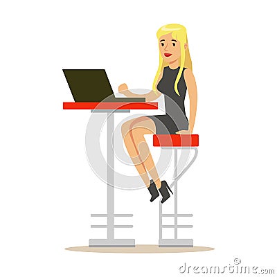 Beatuful blond woman sitting on a high chair and using laptop at high desk, colorful character vector Illustration Vector Illustration