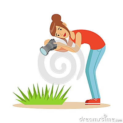 Beatuful woman taking picture of green grass with her camera. Colorful character vector Illustration Vector Illustration