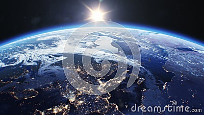 Beau lever de soleil au-dessus de la terre Vue de satellite de l'espace Villes la nuit Changer de la nuit en l'animation Shini en illustration de vecteur Beau lever de soleil au-dessus de la terre Vue de satellite de l'espace Villes la nuit Changer de la nuit en l'animation Shini en illustration de vecteur