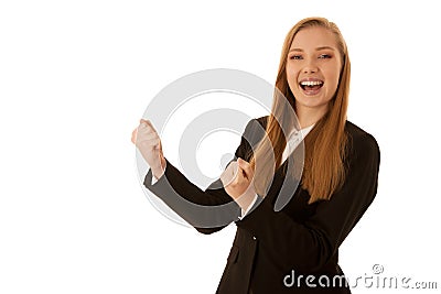 Beauiful business woman gesture success with her arms isolated over white background Stock Photo