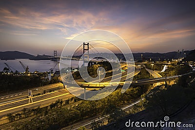 Beauitful view of Tsing Ma Bridge in sunset Stock Photo