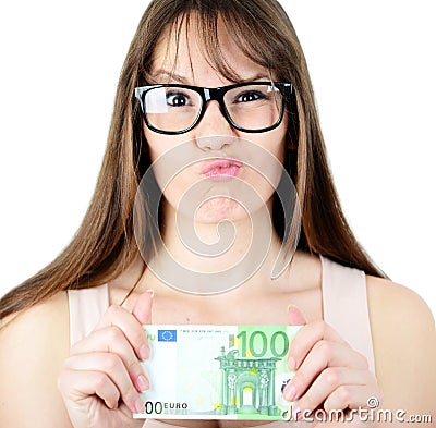 Beauitful woman holding some Euro currency note with funny look Stock Photo