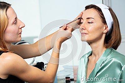 Beautician apply mascara using eyebrow brush on a woman& x27;s face Stock Photo